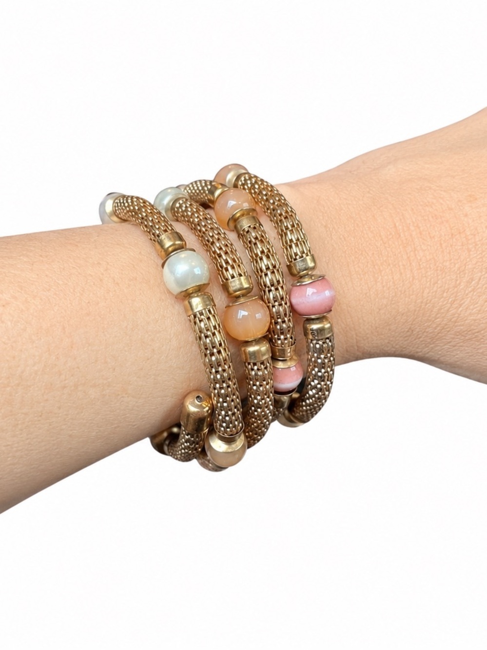 Multi Strand Mesh Coil Wrap Gold-tone Bracelet Beaded